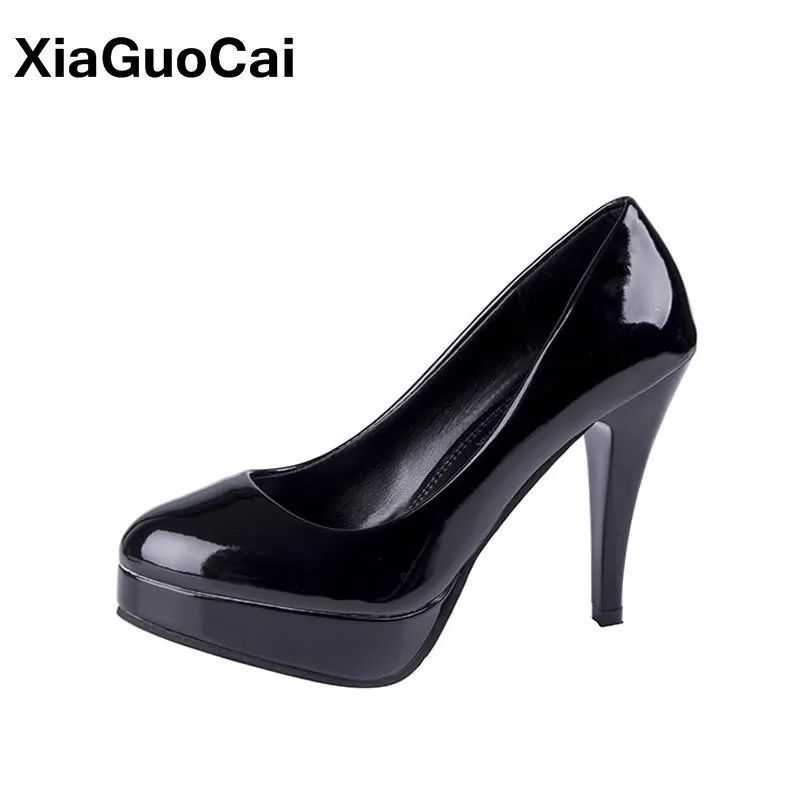 

Spring Autumn Women's High Heels Shoes Female Pumps New Arrival Platform Slip-on Round Toe Patent Leather Mature Ladies Shoes