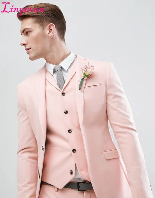 Linyixun England Style Pearl Pink Wedding Suit Men Suits Slim Fit Men's