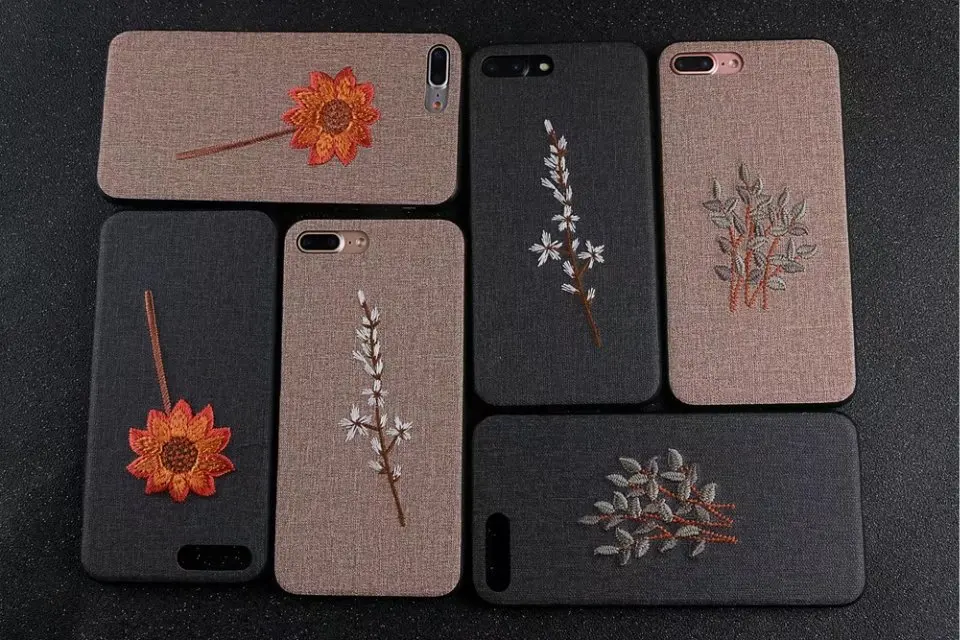 Luxury Embroidery Case For iPhone 6 6s 7 8 Plus Plum Chrysanthemum Leaf Rose Flower Embroider Cover X Skin |