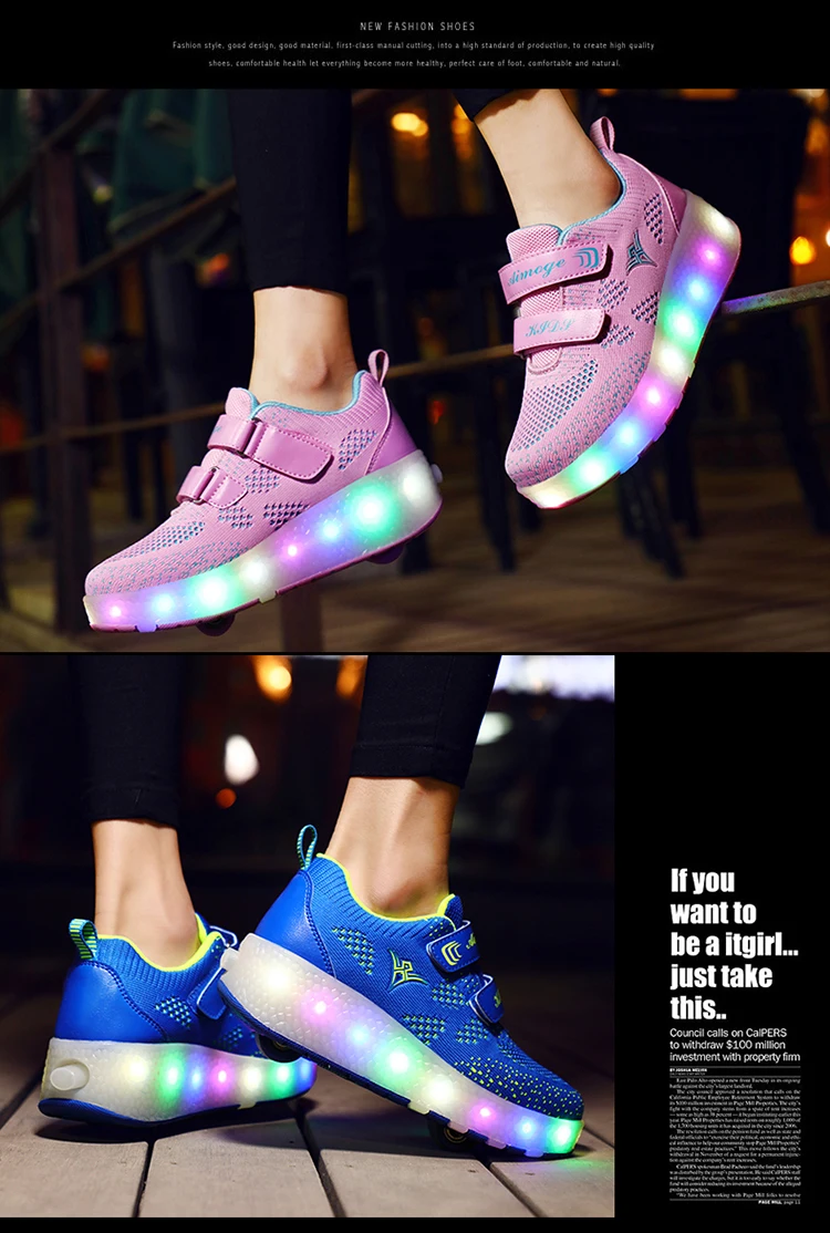 Sapatos para Crianças Tênis com Rodas Usb de Carregamento Preto Rosa Cinza Moda Meninas Meninos Led Luz Rolo Skate Crianças Duas Rodas 19 High Quality Mamãe e Bebê