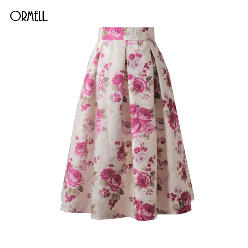 

ORMELL 2019 Vintage Retro Floral Pleated Skirts Women Audrey Hepburn Style High Waist A-Line Tutu Midi Skirt Lady Casual Saia
