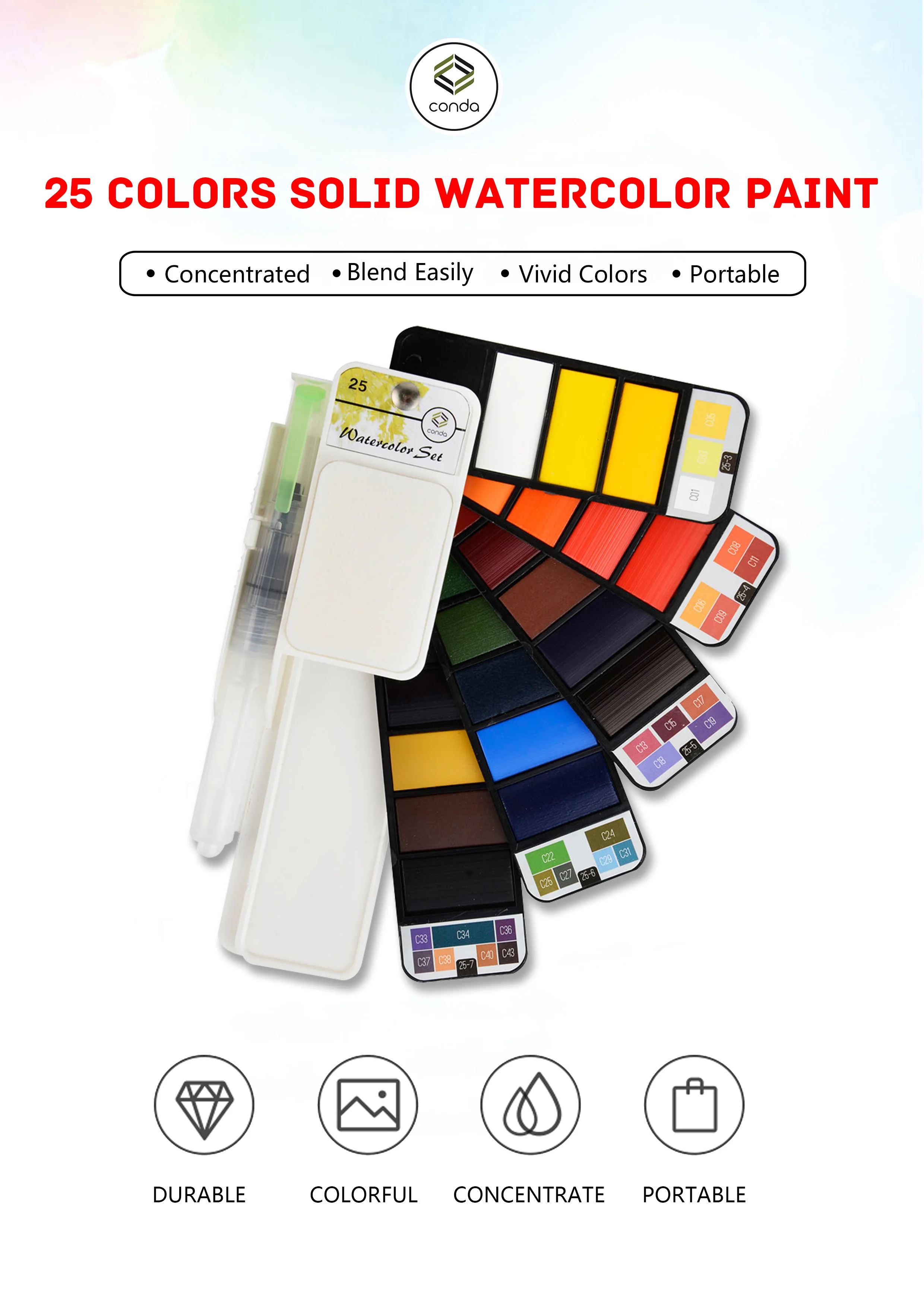 CONDA 25 цветов Твердые акварельные краски в наборе художника складные акварельные краски в наборе с кистью для рисования поля набросков
