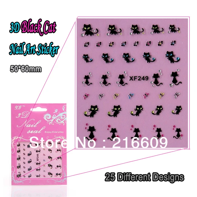 

Hot 25Sets/Lot Mixed 3D Black Cat Nail Sticker Moon Star Flower Butterfly 25 Designs DIY Nail Art Decal Decoration XF209-XF259