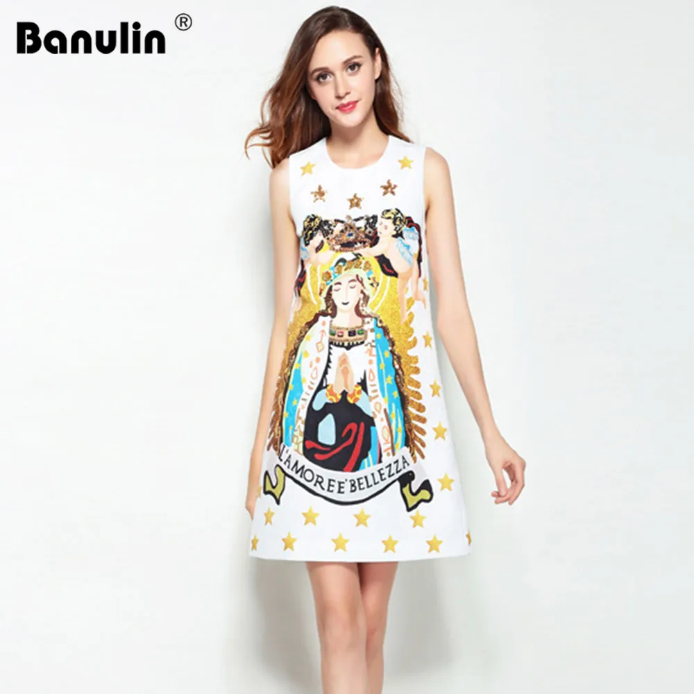 

Banulin 2019 Summer Fashion Runway Dress Women's Sleeveless Tank Retro Crystal Beading Floral Print Mini Vintage Dress