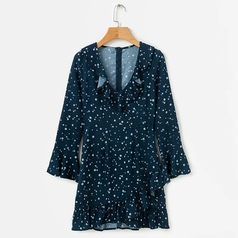 BONGOR LUSS Long Flare Sleeves Sexy Deep V Neck Ruffle Women Party Dresses Mini Dress Autumn Floral Print Chiffon Dress  (8)