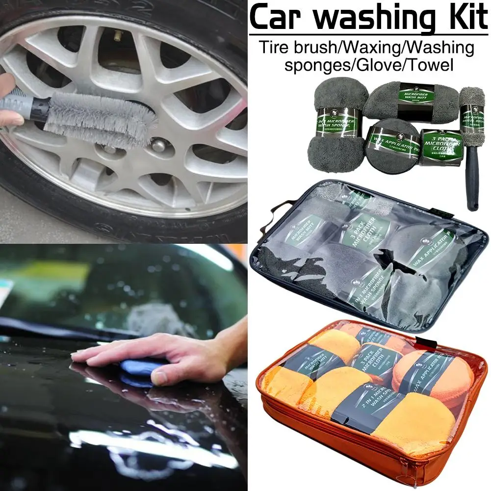 

9PCS Car Cleaning Kit Auto Washing Set Microfiber Towels, Applicator Pads, Wash Sponge, Wash Glove, Wheel Brush