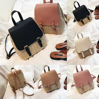 

2019 Brand New Women Beach Leather Straw Woven Backpack Rucksack Travel Shoulder Bag Handbag Backpack Woven
