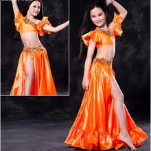 Дети танец живота одежда Девушки производительности танец живота одежда роскошные рукава сверху+ атласная юбка 2 шт. детский костюм для танца живота