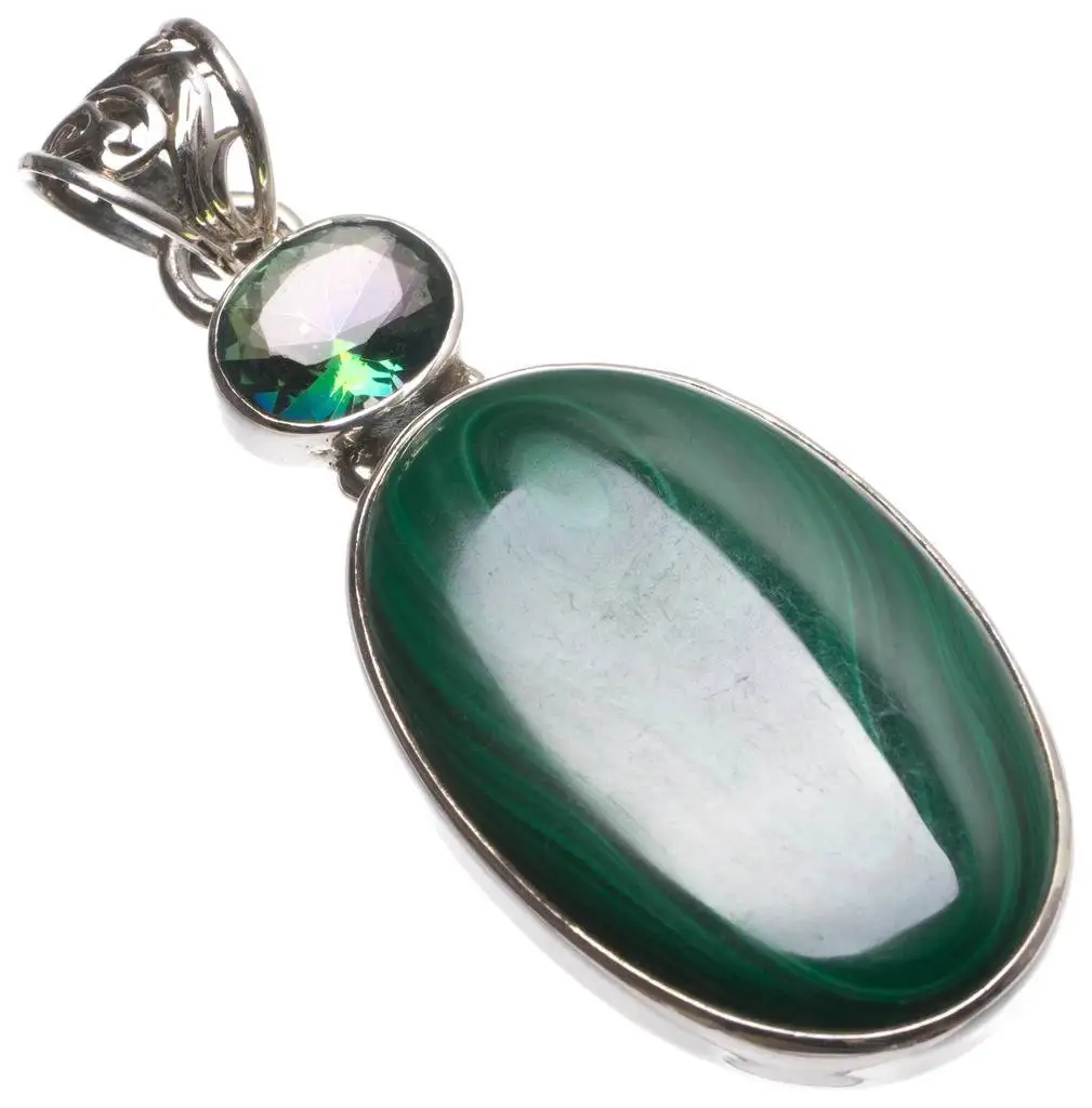 

Natural Malachite and Rainbow Mystical Topaz Handmade Unique 925 Sterling Silver Pendant 2 1/4" U0008