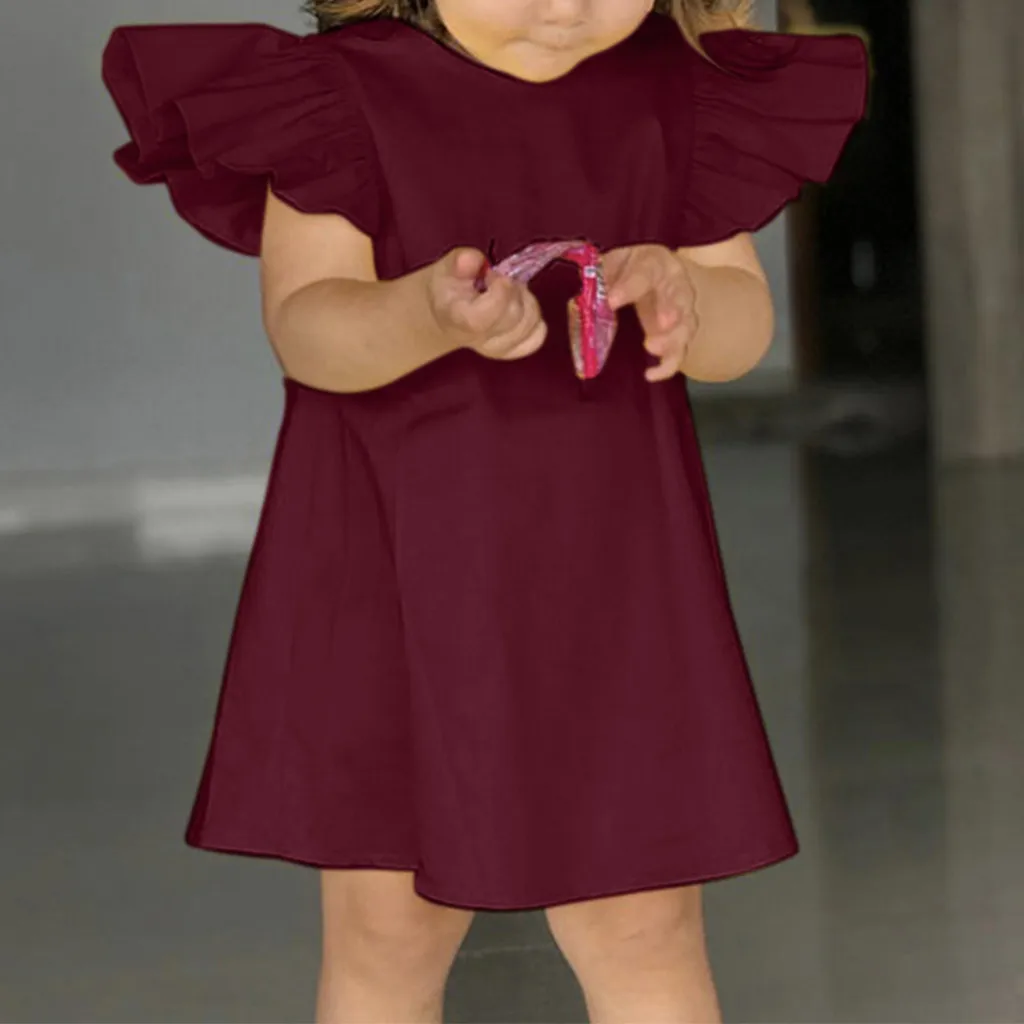 Летнее однотонное платье с бантом и рукавами-крылышками для маленьких девочек; платья; прямое платье до колена; винно-розовая летняя одежда