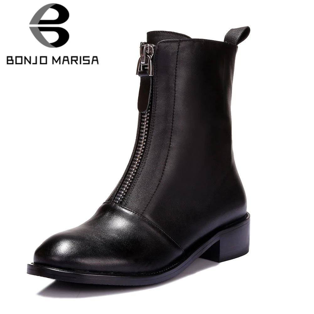 

BONJOMARISA Women Genuine Leather Mid-calf Boots Chunky Heel Platform Shoes Woman Zipper Winter Fur Chelsea Motorcycle Boots
