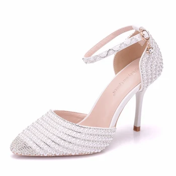 

New Arrivers Shoes Wedding Bridal Thin High Heel White Crystal Pointed Toe Bride Bridesmaid Ladies Prom Sandals XY-A0273