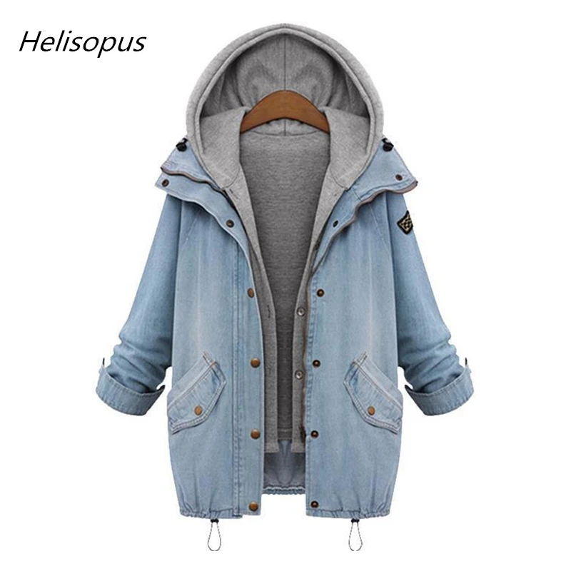 

Helisopus 2019 Autumn Winter Thicken Denim Jacket Women Fashion Hooded Loose Outwear Female Cowboy Coat Plus Size