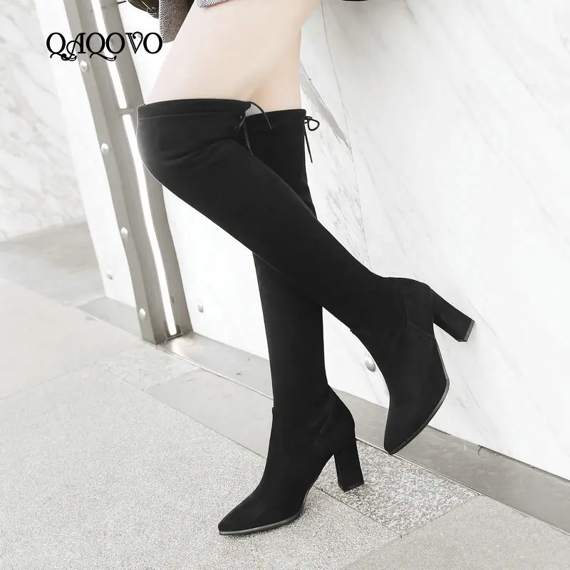 

Winter Over The Knee Boots Women Flock Square High Heels Stretch Knee High Boots Fashion Pointed Toe High Boots Ladies Shoes