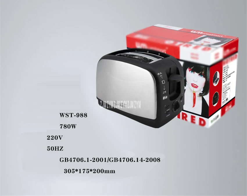 WST-998 бытовой автоматический прибор для хлеба тостер машина для выпечки хлеба 2 ломтика слота из нержавеющей стали многофункциональный 220 В/50 Гц