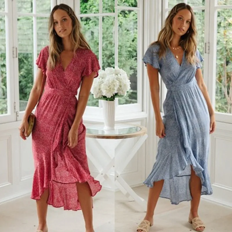 

Women Floral Print Beach Dress Fashion Boho Summer Dresses Ladies Vintage Bandage Bodycon Party Dress Vestidos