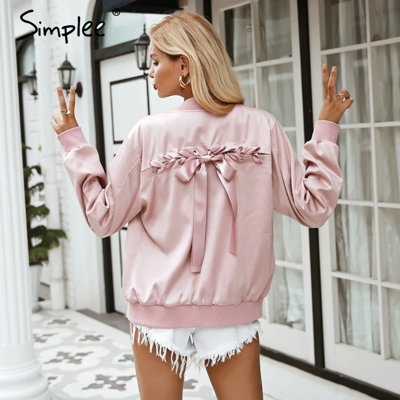 Simplee Elegant satin basic jacket coat Women lace up pocket biker jacket outerwear Autumn winter casual bomber jacket female