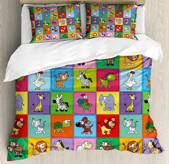 

Nursery Duvet Cover Set Group of Funny Young Animals in Colorful Squares Happy Cartoon Wildlife Collection Bedding Set
