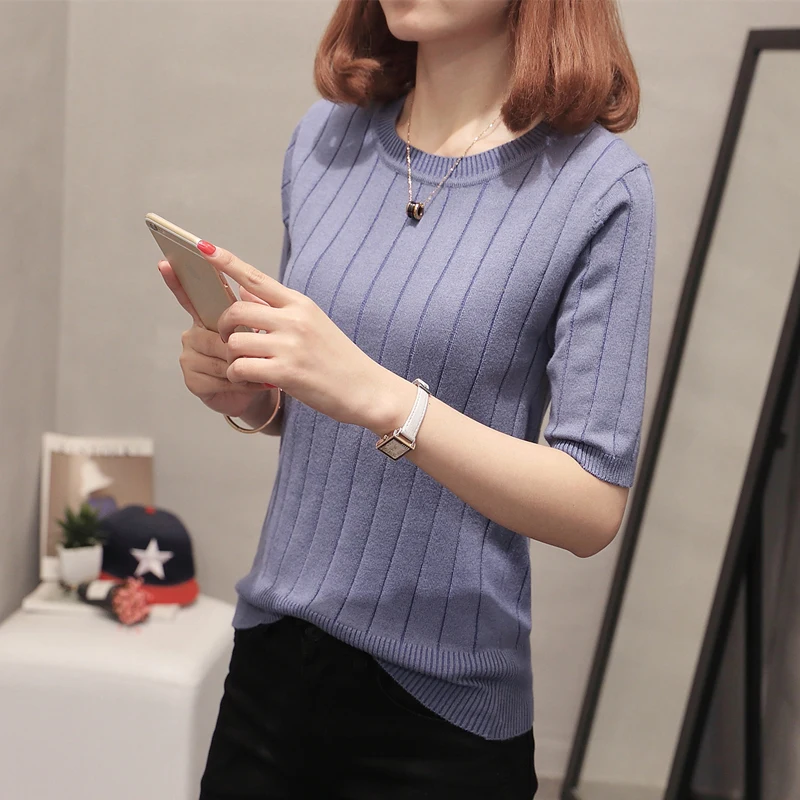 

summer female 2018 o-neck slim ice silk knitted thin half sleeve T-shirt women girls office lady short design shirt pullover top