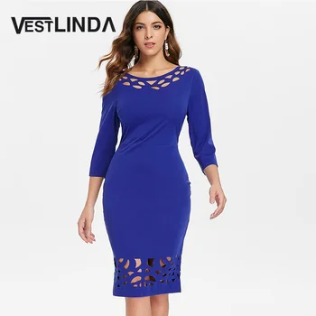 

VESTLINDA Hollow Out Brim Slim Fit Pencil Dress Midi Vestido De Festa Women Elegant Blue Dresses Sheath Bodycon Dress Robe Femme