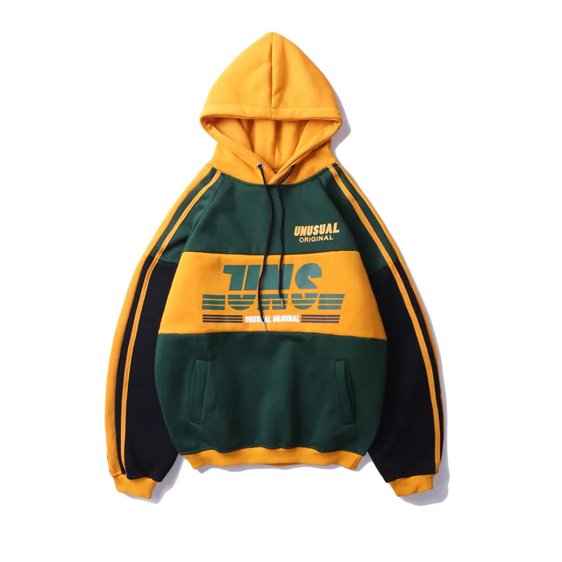 2019 Color Block Patchwork Printed Fleece Hoodies Streetwear Men Hip Hop Casual Pullover Sweatshirts Male Hoodie Tops