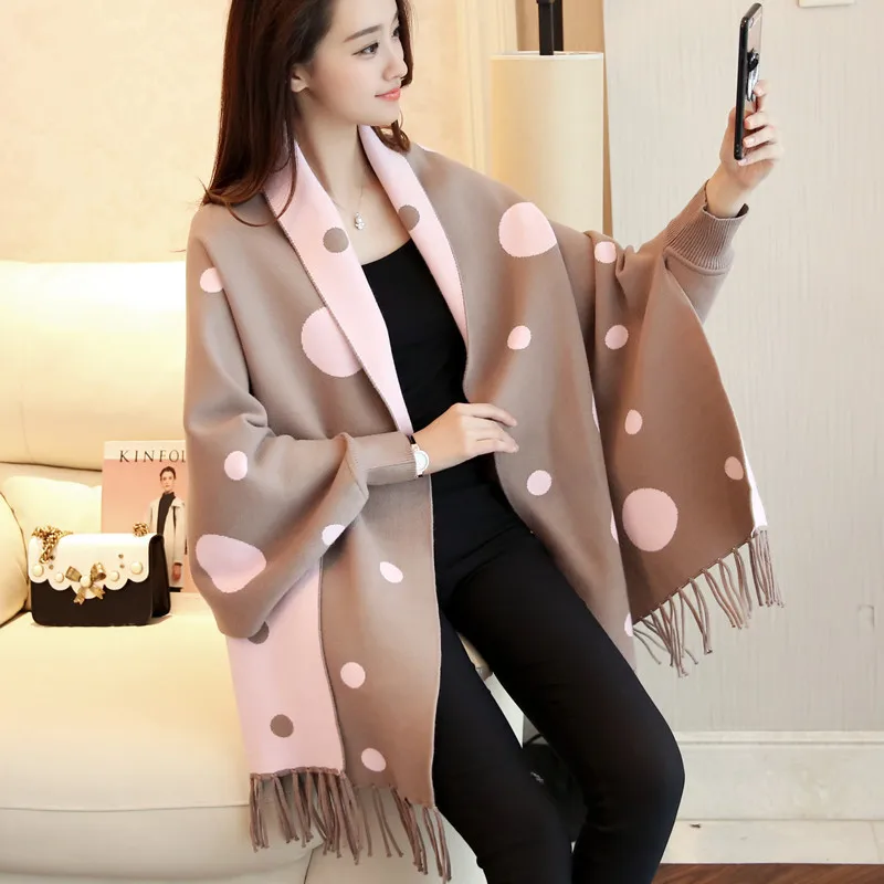 

Spring and Autumn Fashion Cloak Cloak Polka Dot Fringed Cardigan Women's Sweater