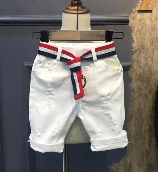 Hot Summer Design White Boy's Jeans Kids Short Pants Boys elegant Jeans Denim Shorts for Children 2-7years (Short+ Belt)