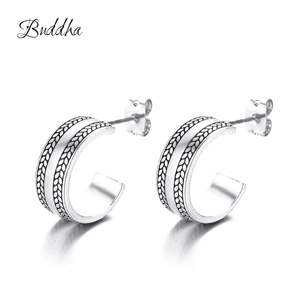 Для женщин серьги с Буддой пшеницы уши узор ручной работы Ювелирные Модные 925 пробы серебряные маленькие серьги-гвоздики для вечерние аксессуар