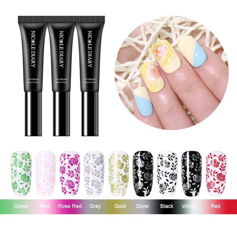 

NICOLE DIARY 8ml Nail Stamping Gel Polish Black White Silver Glitter Soak Off UV Gel for DIY Nail Art Stamp Plate Nail Varnish