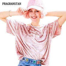 Женская Весенняя летняя новая розовая футболка с коротким рукавом, женские модные топы с вышитыми буквами, повседневные свободные велюровые футболки с открытыми плечами Q807