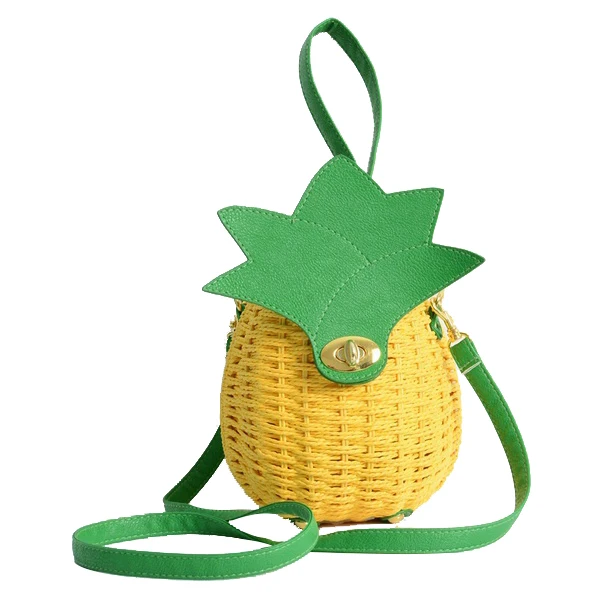 5) 1 Pcs New Straw Bag New Cute Fruit Bag Pineapple Package Pure Handmade Woven Circular Handbag (Color: Yellow) 10 pcs pineapple embroidered patches