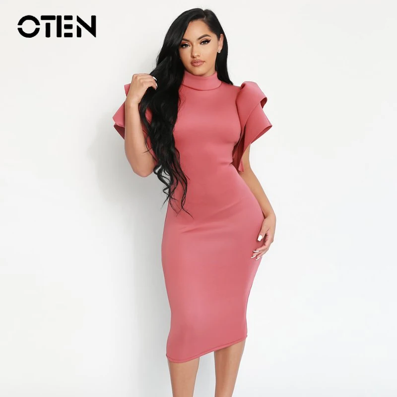 

OTEN 2018 european fashion women Summer Sexy Stand Collar Ruffle Backless Club Wear Sheath Bodycon Midi Warp Dress for ladies