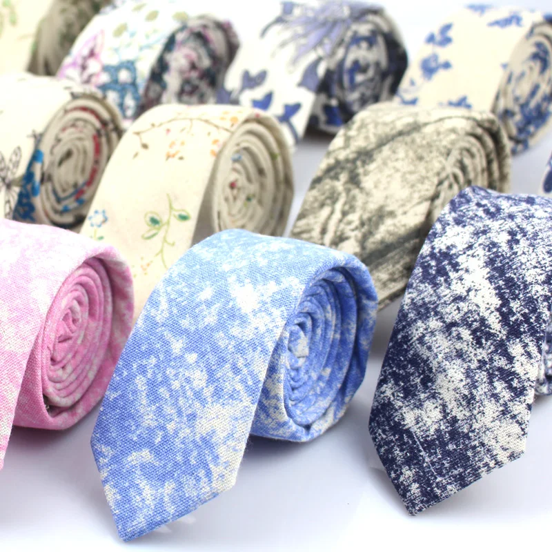 Fashion Neck Tie For Men Floral Linen Ties for Wedding Party Print Narrow Neckties Casual Mens Retro Neckwear Male Cotton Ties