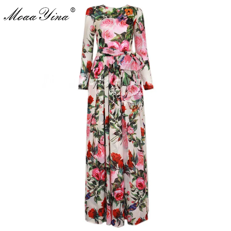 

MoaaYina Fashion Designer Runway Dress Spring Summer Women Long sleeve Floral Print Beading Sequin Bohemia Beach Chiffon Dress
