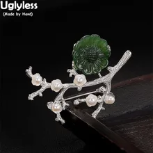 Uglyless настоящий 925 Серебряный зеленый нефритовый цветок сливы Брошь для женщин жемчуг заявление броши на одежду двойного назначения ветка цветок кулон