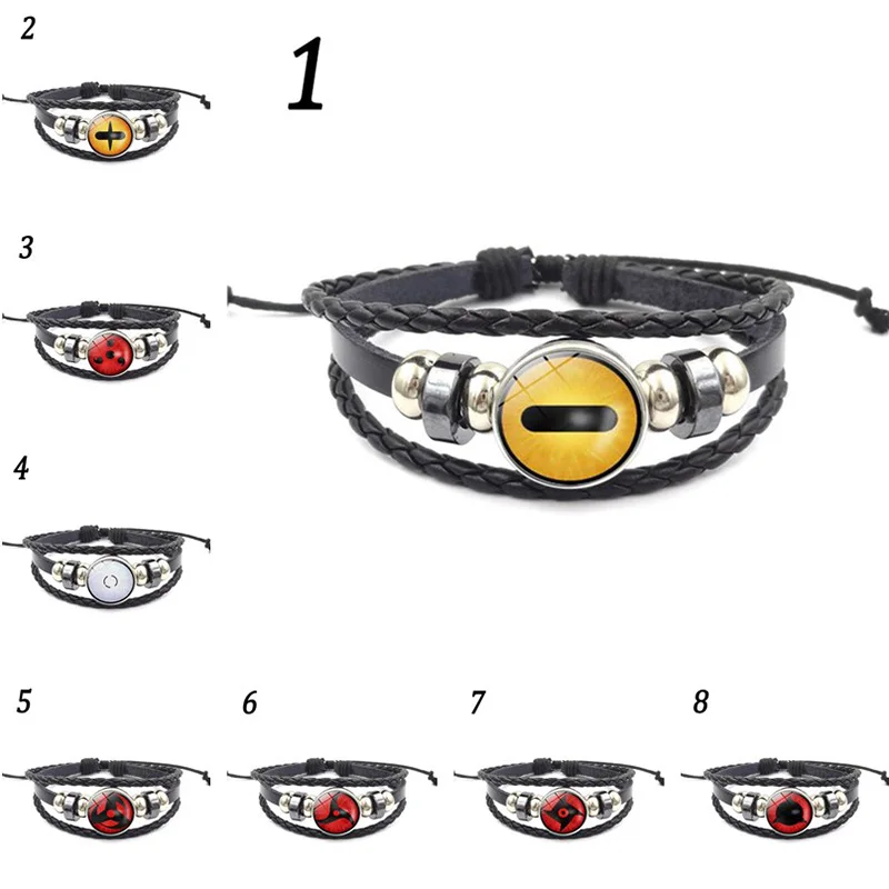 

2018 new Rinnegan Eyes Naruto Bracelet Sharingan Eye Black Leather Bracelet Uchiha Uzumaki Clan Logo Anime Cosplay Lover Gift