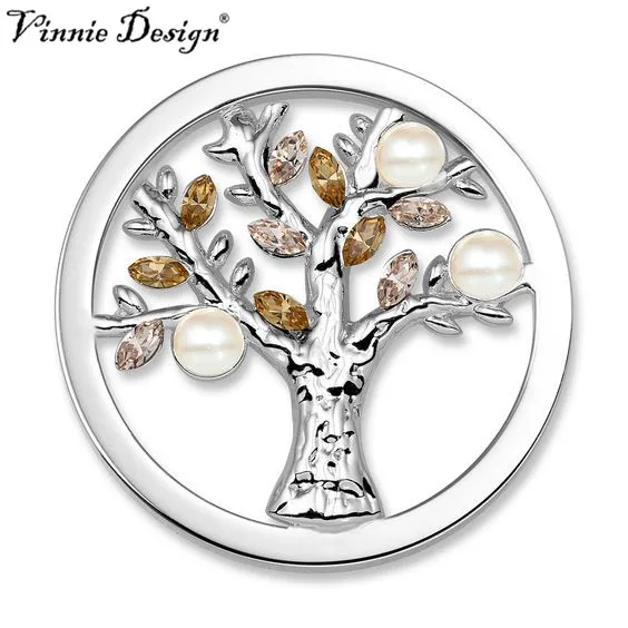 

Vinnie Design Jewelry Life Tree Champagne Crystal Coin with Pearl for 35mm Frame Pendant Coin Holder Christmas Day Gift