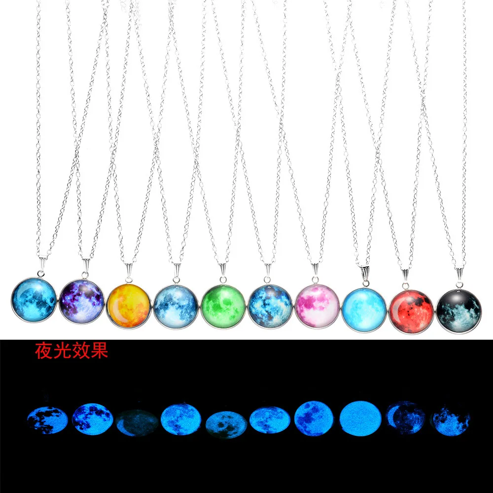Голубая луна светится в темноте луна ожерелье галактика планета стеклянная подвеска ожерелье свитер цепь светящиеся украшения для женщин специальные подарки