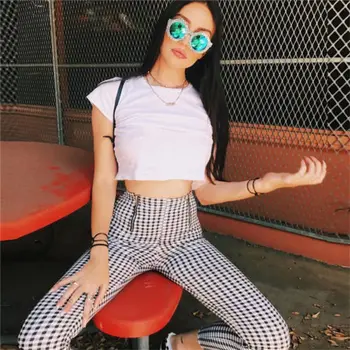 

Women Pencil Casual Cotton Plaid Pants Skinny Pants High Waist Long Trousers