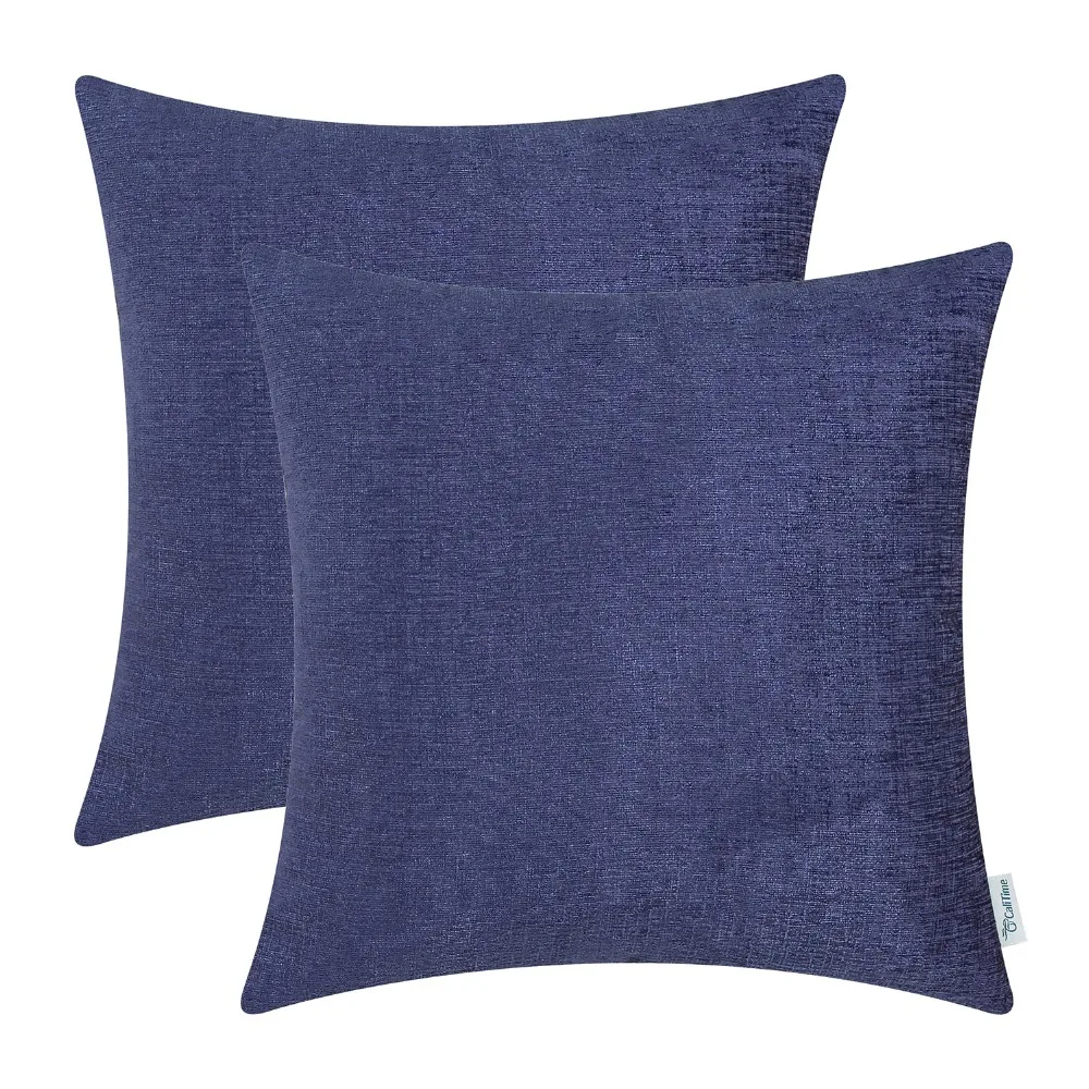 

2PCS CaliTime Cushion Cover Pillow Shell Home Sofa Decor Navy Blue Chenille Solid 18" X 18" for Cojines Coussin Pillow Cover
