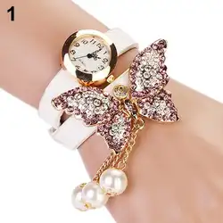 Украшенные стразами в форме бабочки аналоговые кварцевые искусственным жемчугом кисточкой браслет наручные часы Для женщин
