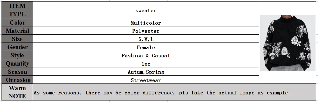 Осенний Женский вязаный базовый свитер с блестками; зимний теплый пуловер с длинными рукавами и цветочным принтом; Черный Свободный