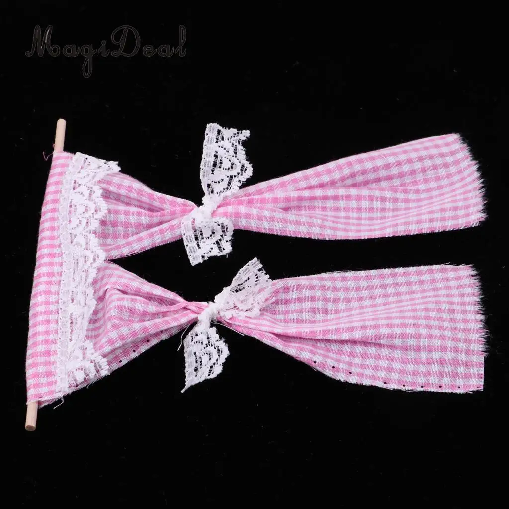 Dollhouse Miniatures Cute Lattice and Lace Pink Cotton Curtain for 1/12 Scale Dolls House Bedroom Furniture Decor Acc 3Colors