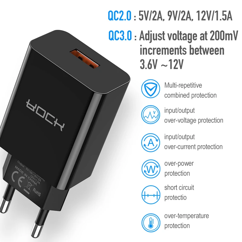 ROCK Quick Charge 3,0 USB QC3.0 настенное зарядное устройство для мобильного телефона Быстрая зарядка USB зарядное устройство 18 Вт для iphone samsung Xiaomi huawei