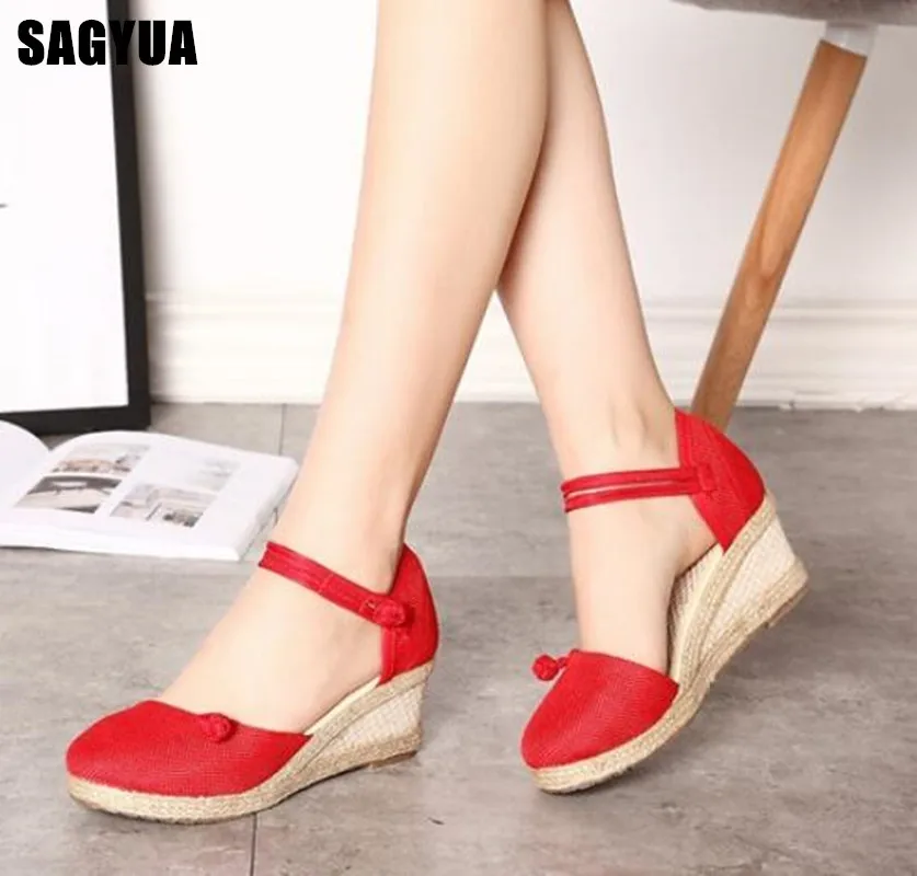 

Women Platform Sandals Wedges Shoes Summer casual shoes woman High heels Wedding party pumps Ladies Buckle Woven shoes A14