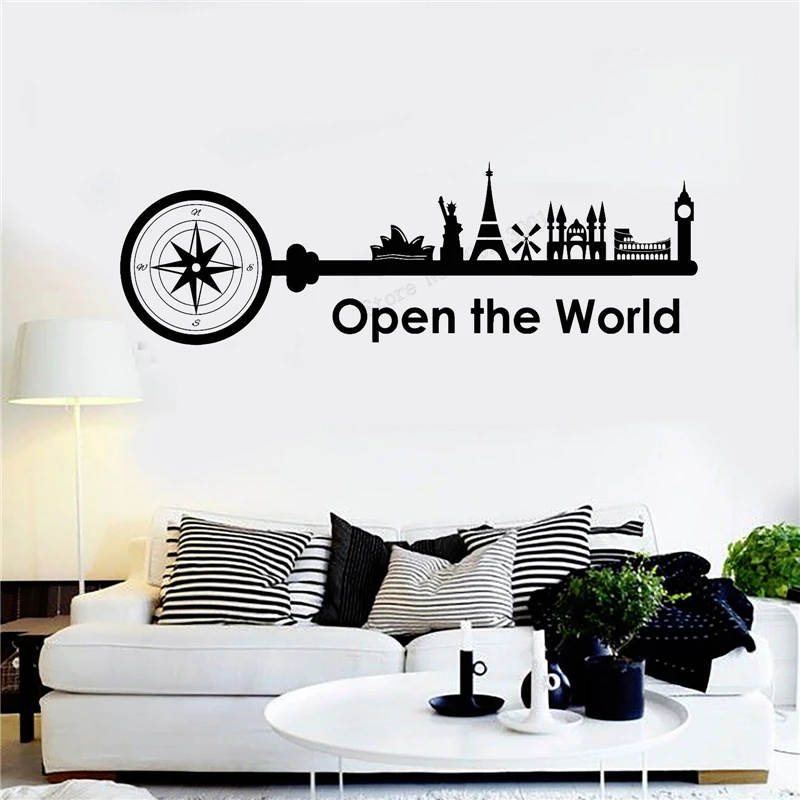

Wall Decoration Travel Room Sticker Quote Tourism Poster Vinyl Art Removeable Mural Open The World Beauty Ornament LY308