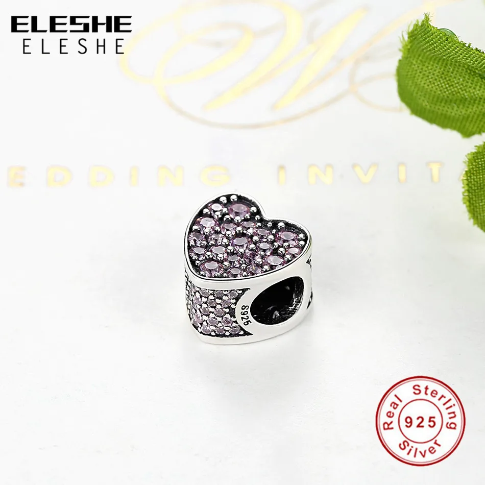 ELESHE 100% Authentic 925 Sterling Silver Pink Dazzling Heart Charm Beads Fit ELESHE Bracelets & Bangles DIY Original Jewelry