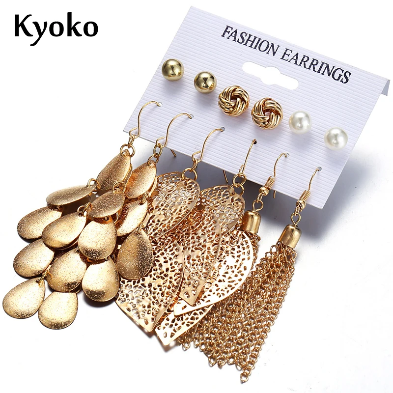 

Kyoko 6 pairs Set Gold Earrings Geometric Earrings Pearl Stud Earrings for Fashion Women Jewelry Earring Openwork leaf woven