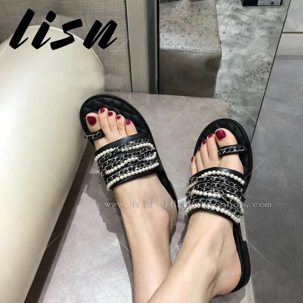 

New New Black Metal Chain Summer Slippers Open Toe Pear Beading Slip On Beach Flats Slippers Outdoor Shoes Women
