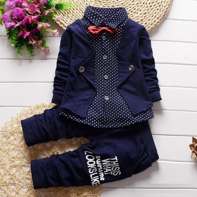 Г., осенний комплект одежды джентльмена для маленьких мальчиков, Детская рубашка в горошек пальто+ штаны костюм из трех предметов комплект одежды для маленьких детей - Цвет: Синий